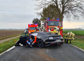 Schwerer Verkehrsunfall: PKW prallt gegen Baum, Beifahrer eingeklemmt.