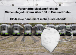 Verschärfte Maskenpflicht ab Sieben-Tage-Inzidenz über 100 in Bus und Bahn Straßenbahn - FFP2 Maske