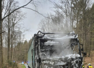 Landesstraße L484 nach Lkw-Brand vollgesperrt Voll ausgebranntes Führerhaus des Sattelzuges