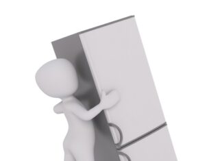 Mit geklautem Kühlschrank im Zug – jetzt im Knast Grafik Figur mit Kühlschrank