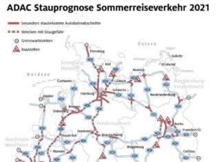 Autoschlangen wälzen sich in Richtung Berge und Meer Grafik