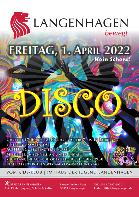 Plakat - Kinder-Disco in Langenhagen - 1. April 2022