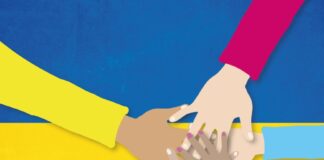 Grafik Ukraineflagge mit helfenden Händen