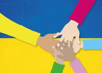 Niedersachsen wird bundesweites Drehkreuz für Verteilung Vertriebener aus der Ukraine Grafik Ukraineflagge mit helfenden Händen