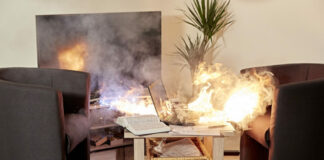 Themenfoto: Brennende Lithium-Ionen-Batterien im Laptop im Wohnzimmer.