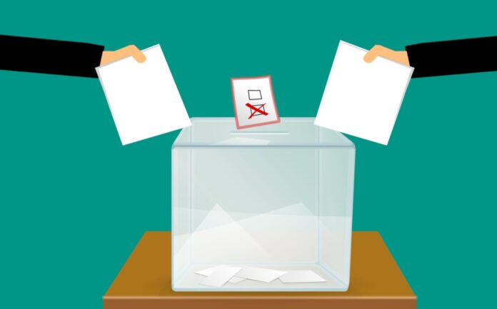 Grafik: Wahlurne mit 2 Händen, die Wahlzettel einwerfen