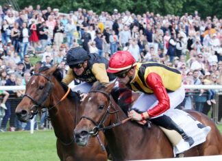 Großer Preis der Hannoverschen Volksbank geht nach Frankreich Hannover - Sentimental Mambo mit Pierre Bazire (rote Kappe) gewinnt