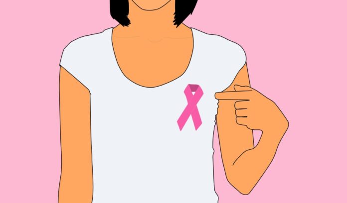 Grafik: Frau mit rosa Schleife am Shirt - Rosa Schleife internationales Symbol