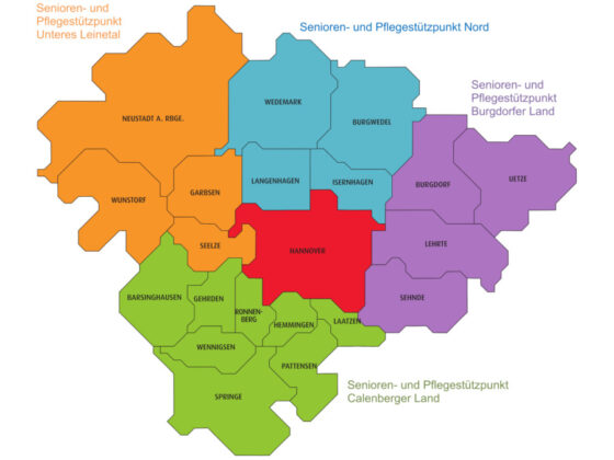 Grafik: Regionskarte der Senioren- und Pflegestützpunkte der Region Hannover