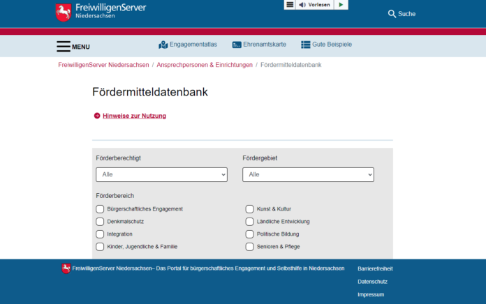 Screenshot FreiwilligenServer des Landes Niedersachsen