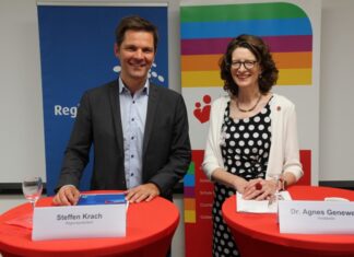 Region will Kinder- und Jugendkrankenhaus AUF DER BULT mit 3,6 Millionen Euro unterstützen Regionspräsident Steffen Krach und Dr. Agnes Genewein, Vorständin der Stiftung Hannoversche Kinderheilanstalt.