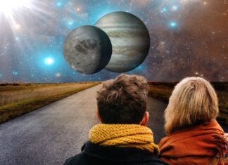 Astronomische Phänomene mit der vhs-Langenhagen entdecken Grafik - Straße mit zwei Menschen und Blick zu den Sternen