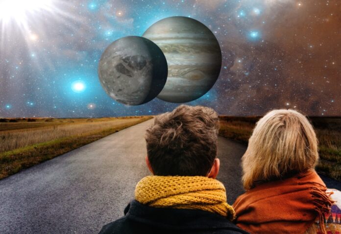 Grafik - Straße mit zwei Menschen und Blick zu den Sternen