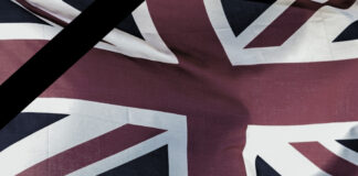Flagge Union Jack mit Trauerflor.