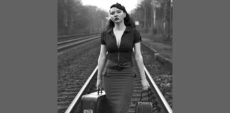 Themenfoto: Frau mit Koffern spaziert auf Bahngleisen