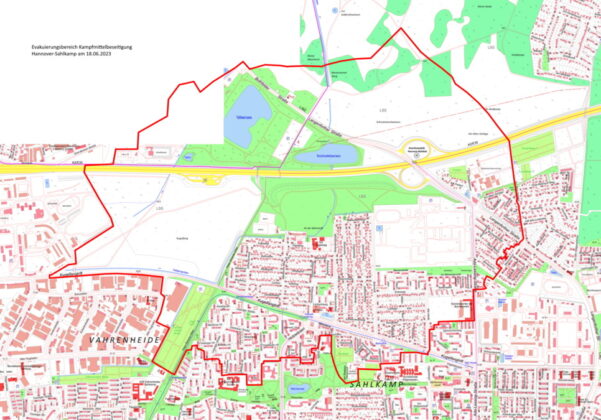 Karte: Evakuierungsradius - Hannover-Sahlkamp 18.06.23
