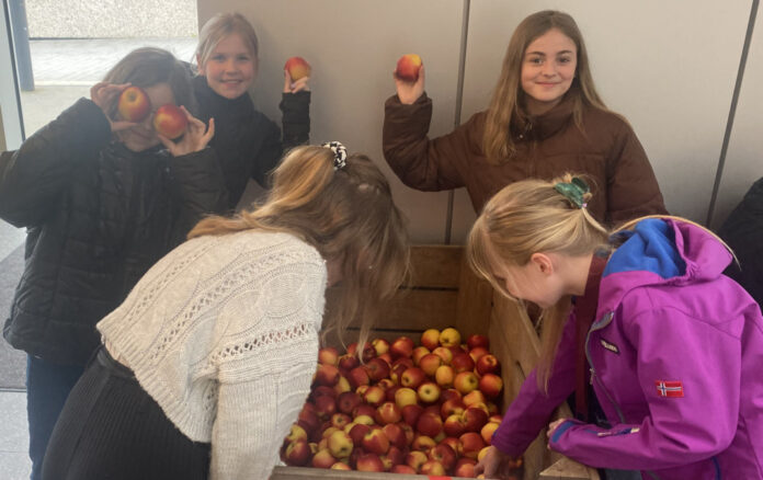 Mia Sophie Heine und Pia Wollenweber von der IGS Langenhagen freuen sich über die gespendeten Äpfel aus dem Alten Land zur fleischlosen Woche.