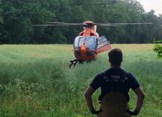 Verletzte Person auf Badeinsel am Waldsee Rettungshubschrauber Christoph 4