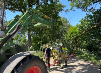 Altenhorst: Großer Ast droht abzustürzen Großer Ast droht abzustürzen - Landwirt unterstützt Feuerwehr Kaltenweide bei Einsatz.