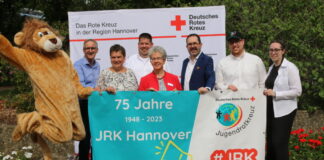 Alfie (Maskottchen des JRK), Dirk Holz (Geschäftsführer DRK-Kinder- und Jugendhilfe), Marlis Spieker-Kuhmann (DRK-Vorständin), Christian Quade (Referent Jugendrotkreuz), Martina Rust (DRK-Präsidentin), Anton Verschaeren (DRK-Vorstandsvorsitzender), Lukas Kleinrensig (Leitung Jugendrotkreuz Region Hannover), Sabrina Ricottone (stellv. Leitung Jugendrotkreuz Region Hannover)