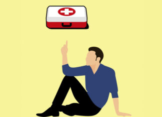 Erste Hilfe, Verbandkasten und das richtige Verhalten bei Notfällen Grafik- Mann zeigt auf Verbandkasten / Erste Hilfe