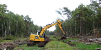 Beginn der dritten Bauphase – Bagger bauen Dämme in die Hochmoorflächen.