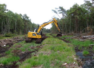 Umweltminister besucht Niedersachsens größtes Moorprojekt Beginn der dritten Bauphase – Bagger bauen Dämme in die Hochmoorflächen.