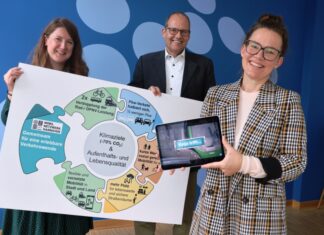 „Aktionsplan Verkehrswende“ der Region Hannover Bringen die Verkehrswende voran: Melanie Saraval (v.l.), Projektleiterin Mobilnetzwerk bei der Region Hannover, Verkehrsdezernent Ulf-Birger Franz und Botschafterin Katja Diehl.