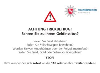 Hannover: 2.000 Aufkleber in Taxis sollen vor Trickbetrug schützen Aufkleber Taxi - Trickbetrugwarnung