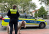 Mini-Pony "John Boy" mit einer Polizeibeamtin vorm Funkstreifenwagen