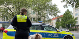 Mini-Pony "John Boy" mit einer Polizeibeamtin vorm Funkstreifenwagen