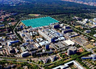 Vorbereitungen für MHH-Klinikneubau: Herrichtung des Baufelds beginnt Luftbild mit Grafik / Neubau Baufeld Umriss