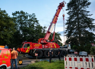 Nach Gewitterschaden: Baumfällung am Uslarplatz in Hannover Bothfeld Feuerwehr-Höhenrettung-Baumfällung