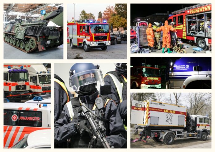 Symbolbild/Collage: Verschiedene Einsatzkräfte auf der Blaulichtmeile Langenhagen