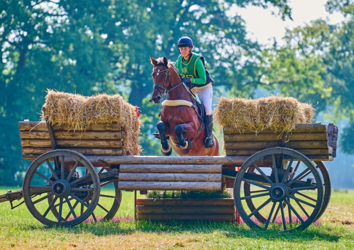 Vanessa Bölting - Pferd springt über einen Ackerwagen