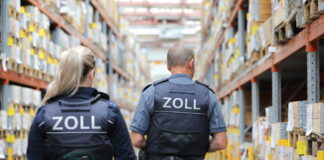 Zöllner vor Hochregalen mit Paketen