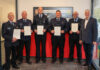 Ernennung/Verabschiedung Ortsbrandmeister (vo.li.): Edgar Schmidt-Nordmeier, Jens Koch, Markus Bock, Pascal Stich, Martin-Andreas Kloss, Mirko Heuer