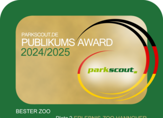 Erlebnis-Zoo erreicht zweiten Platz beim Parkscout-Publikums-Award „Bester Zoo“ 2024/25 Parkscout-Publikums-Award „Bester Zoo“ 2024/25 - 2. Platz für den Erlebnis-Zoo Hannover.