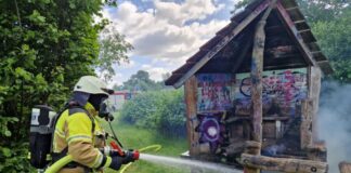Bei Eintreffen der Feuerwehr brannte auf dem Interkulturellen Erlebnispark in Kaltenweide aus bislang ungeklärter Ursache ein Spielgerät aus Holz.