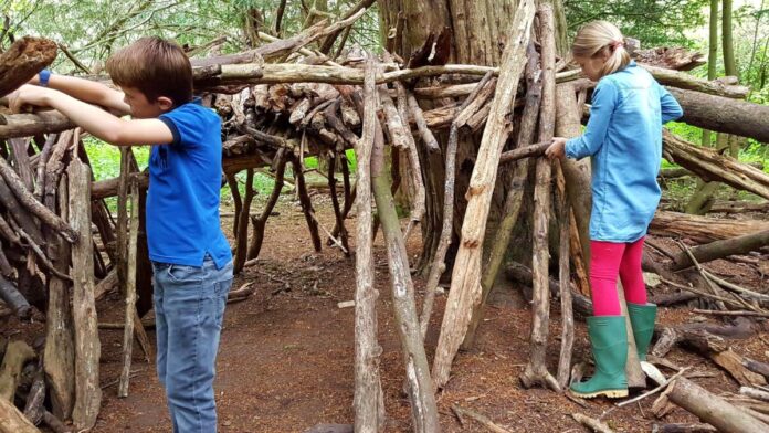Kinder spielen im Wald / Hütte bauen