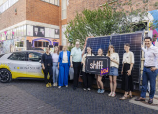 SHIFT NOW – Zukunftsfestival in Hannover bringt Jugendliche mit Berufsperspektiven und Musik zusammen vlnr. Yvonne Kowald & Lotta Röbbel (Geschäftsführung Corona Solar), Sandra Gleue (Region Hannover), Umweltminister Christian Meyer, Laurel Schramme, Marie Petruschke Frieda Töppler (alle Schülerinnen der KGS Sehnde), Annika Hunte (Region Hannover), Steffen Krach (Regionspräsident).