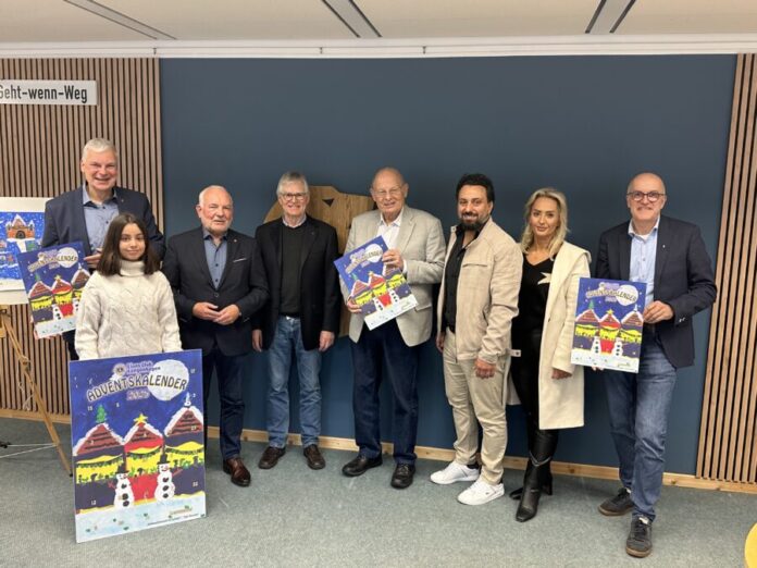 (v.l.n.r.): Mirko Heuer (Bürgermeister), Tina Hosseini (Künstlerin), Rüdiger Knesebeck (Präsident Lions Club Langenhagen), Wilhelm Hicking, Hans-Gerhard Knieß (beide Lions Club Langenhagen), Ehepaar Hosseini, Alexander Machill (Lions Club Langenhagen).