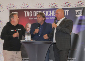 Tag der Sicherheit 2025 im CCL: Ein Tag voller Information, Prävention und prominenter Gäste (vo.li.) „Kultcop“ Torsten „TOTO“ Heim, „Promibodyguard“ Peter Althof und Marco Brandes, CEO von MBL-Security.