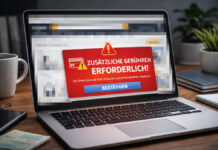 Rentenversicherung warnt vor täuschend echten Internetseiten KI-generiert: Lapptop mit Warnung vor zusätzlichen Gebühren.