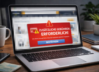 Rentenversicherung warnt vor täuschend echten Internetseiten KI-generiert: Lapptop mit Warnung vor zusätzlichen Gebühren.
