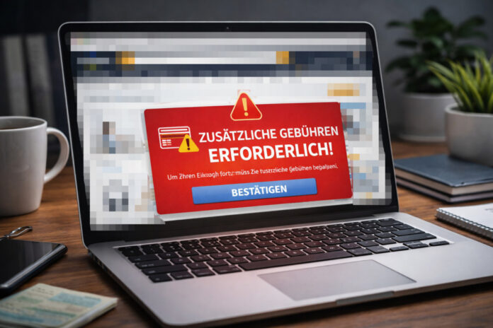 KI-generiert: Lapptop mit Warnung vor zusätzlichen Gebühren.