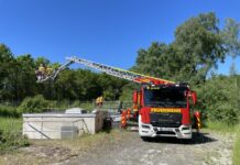 Lehrte: Zwei weitere Feuerwehreinsätze nach Großbrand am Pfingstmontag Mit Hilfe der Drehleiter wurden die Tierretter in das Becken abgelassen
