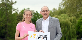 Sterne des Sports 2026 - Schirmherrin Fabienne Königsstein und Volksbank-Chef Jürgen Wache freuen sich auf viele Bewerbungen für die Sterne des Sports.