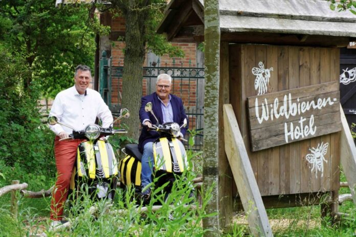 Vespas in Bienenoptik Zoo-Geschaeftsfuehrer-Andres-M.-Casdorff-und-Vespennest-Geschaeftsfuehrer-Heinrich-Jacobi-stellen-neue-limitierte-E-Vespas-vor