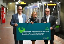 üstra baut wlan-angebot aus: jetzt auch in allen tunnelstationen nach üstra bussen und stadtbahnen: alle tunnelstationen mit kostenlosem wlan ausgestattet. (vo.li.) ulf-birger franz, dezernent für wirtschaft und verkehr bei der region hannover, elke maria van zadel, vorstandsvorsitzende der üstra und grant hendrik tonne, niedersächsischer minister für wirtschaft, verkehr und bauen.